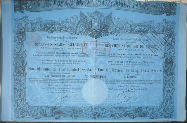Kaiserlich Königlich Priv. Staats Eisenbahn Ges. Wien 1855 unentwertet + Kupons
