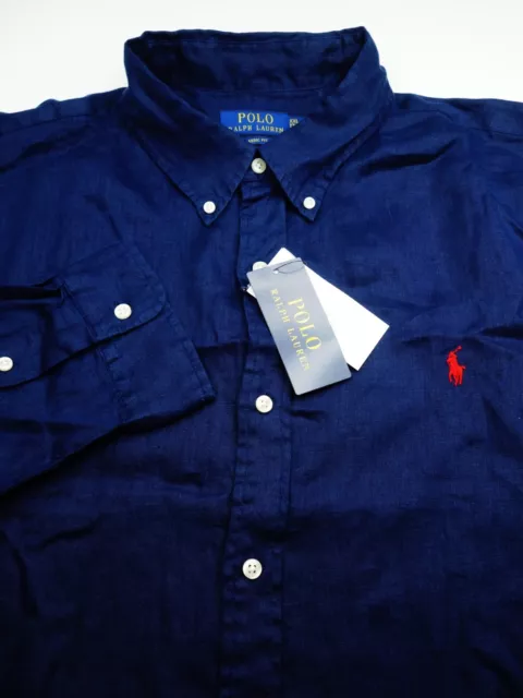 New! Polo Ralph Lauren 100% Linen Button Shirt -Xxl Navy Blue Classic -Red Pony