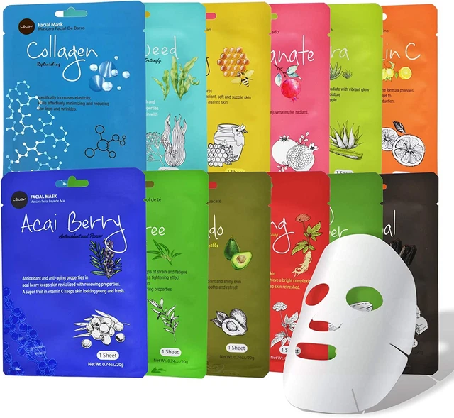 Celavi Essence Facial Sheet Face Mask Variety Set 12 Count (Pack of 1), A