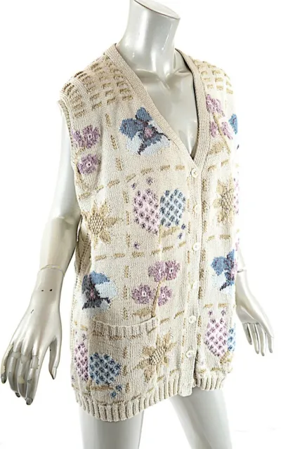 Pull gilet à motif floral tricoté à la main PATRICIA ROBERTS bronzé multi coton taille M 3