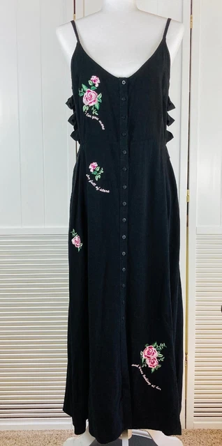 Topshop Womens 10 Black Floral Slit Maxi Dress Cut out sides Embroidered Button