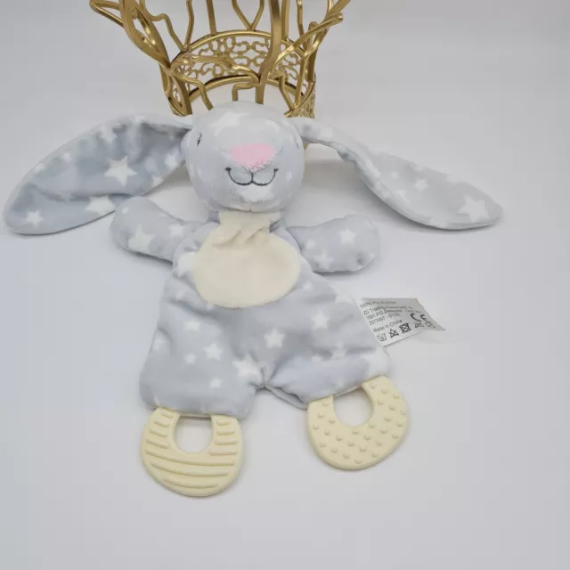 40 - Doudou Lapin Plat Blanc Gris Etoile Nez Rose Anneau Dentition Zd Neuf