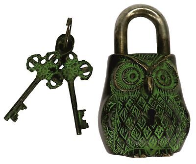 Owl Shape Security Door Lock Antique Style Handmade Brass Padlock & Unique Keys