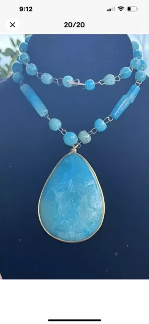 VTG SILVER TONE Blue Dyed Jade Stone Bead Carved Maya Pendant Necklace ...