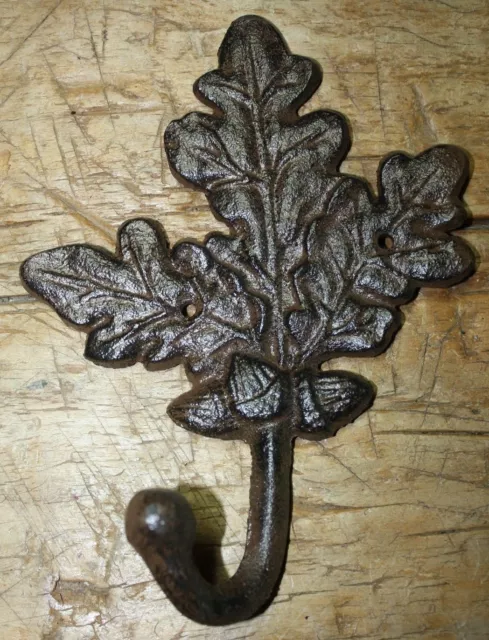3 Cast Iron Antique Style Rustic OAK LEAF Coat Hooks Hat Hook Rack Towel Acorn 2