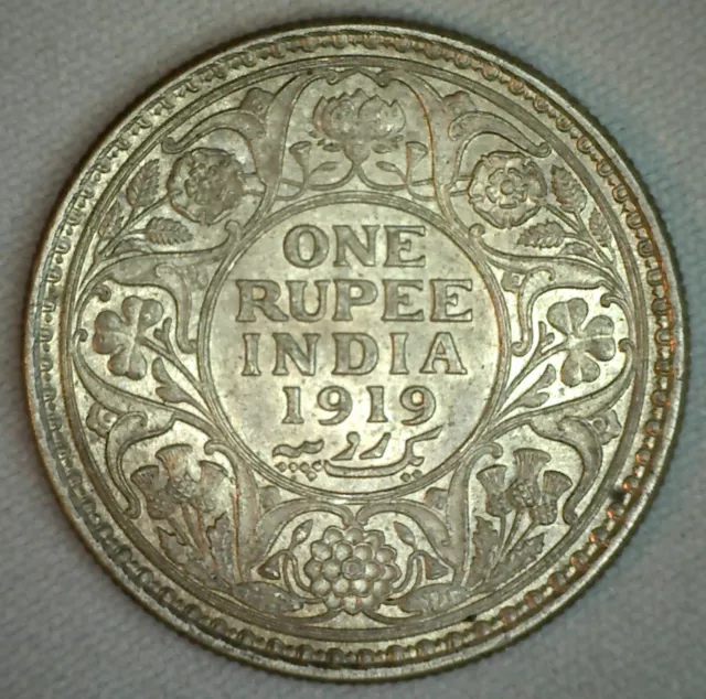 1919 C India British 1 Rupee Silver Coin Almost Uncirculated George V Ruler