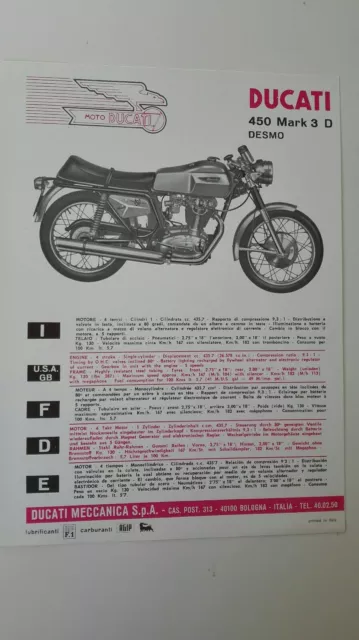 Prospectus Catalogue Brochure Motos DUCATI 450 MARK 3 DESMO 1969