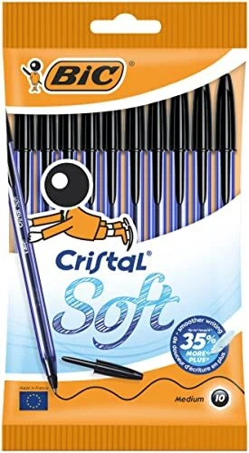 BIC Cristal Soft Stylos-Bille Pointe Moyenne 12 mm - Noir Pochette de 10