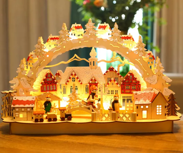 Arche lumineuse de Noël à LED Hivernal Ville en Bois 44x27cm Peint à la Main 2