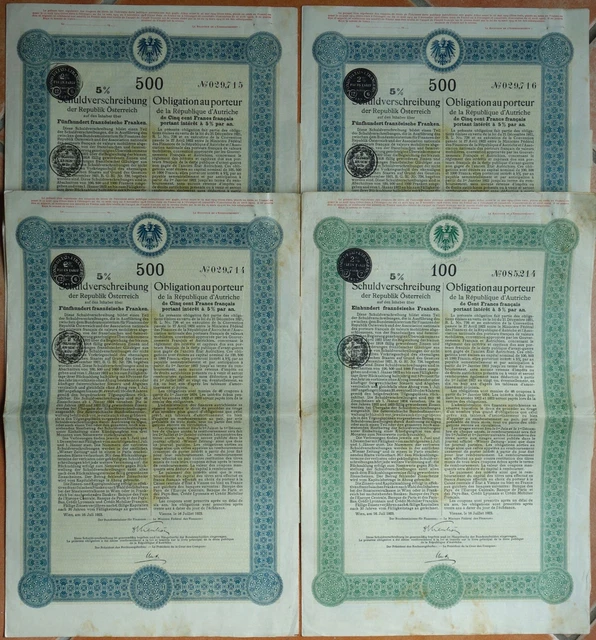 4 Actions République d'Autriche/Österreich 100 et 500 Francs 1923