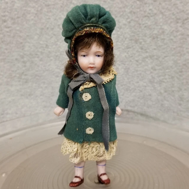 5" antique German All Bisque Girl Doll miniature dollhouse size with 1900s dress