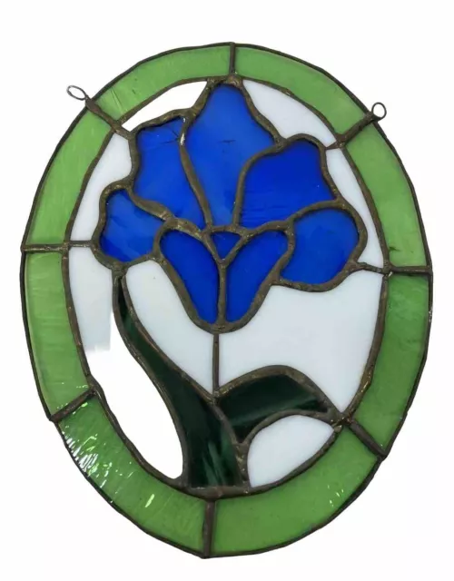 Leaded Stained Glass Sun Catcher-Purple/Green/White Floral-Hand Crafted-10”x8”