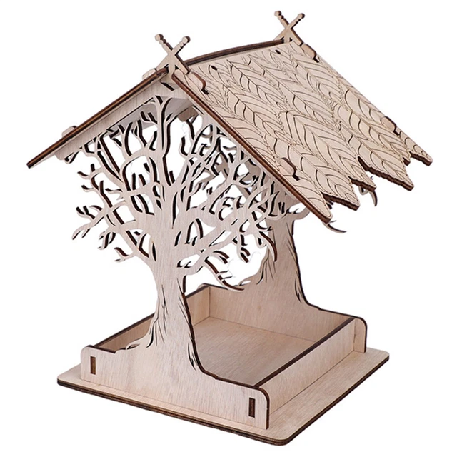 Mangeoire à Oiseaux En Bois Zeqeey - Grande Capacité 2L - 4 Côtés Ouverts - Pour Jardin Extérieur