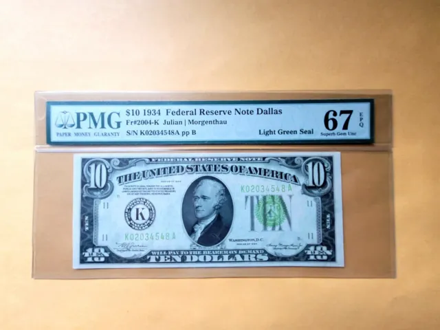 1934 $10 Federal Reserve Note Dallas Pmg 67 Epq Fr#2004-K Light Green Seal