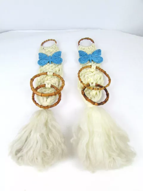 2 Vintage Macrame Blue Ceramic Butterfly 2-Loop Towel Hanger Holders