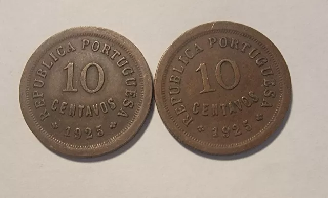 Dos monedas raras de 1925 10 centavos de Portugal