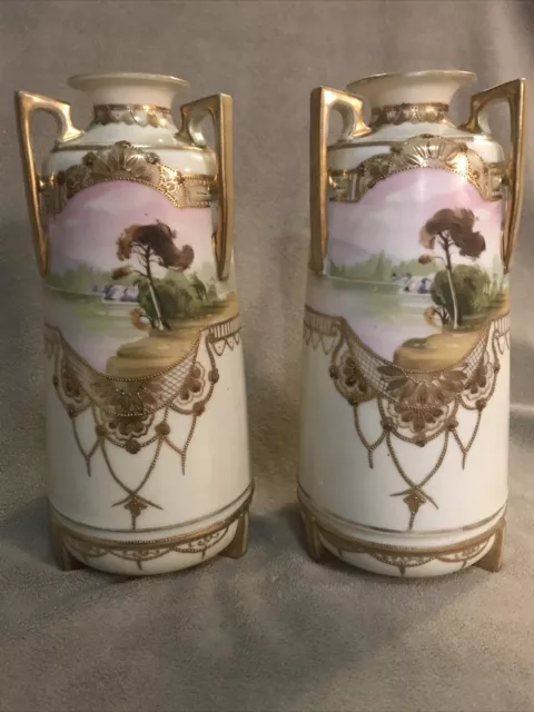 Antique Morimura  Bros. Nippon Scenic Triple Handled Vase Pair Gold Moriage