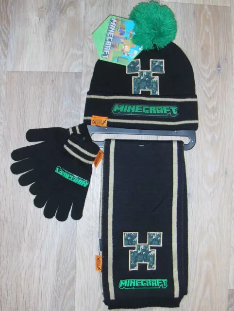 Genuine Minecraft Knitted Scarf/ Gloves And Hat Set Black/Green Size M/L Bnwl