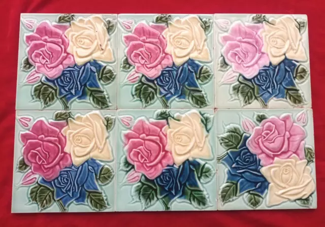 6 Pieces Lot Art Deco Flower Design Embossed Majolica Ceramic Tiles Japan 0355
