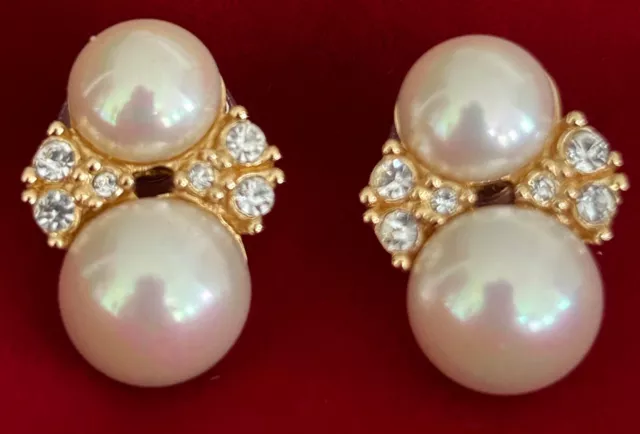 Vintage Christian Dior POST BACK Earrings Faux Pearl Rhinestone, Original Backs