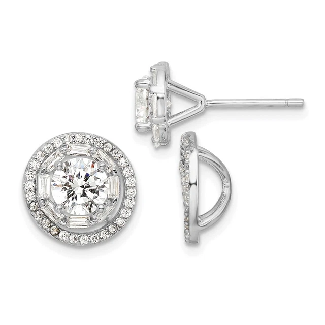 14K White Gold Plated 6mm Cubic Zirconia Stud w/ Jackets Earrings 3.06g