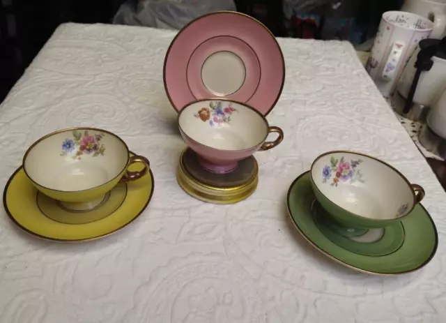 3 Sets Tea Cups and Saucers with Flowers - Bavaria Tirschenreuth Germany US Zone