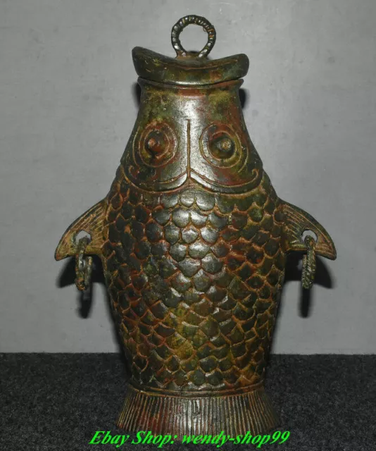 11" Old Chinese Shang Dynasty Bronze Ware Palace Fish Goldfish Zun Vase Bottle