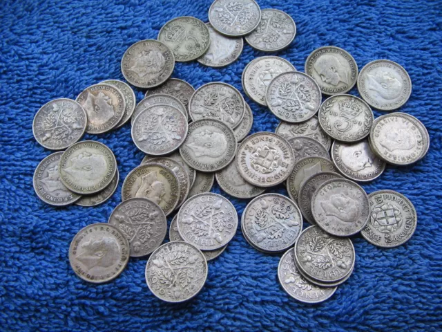 10 BRITISH SILVER THREE PENCE PIECES 3d's KING GEORGE V & VI  1920 - 1941