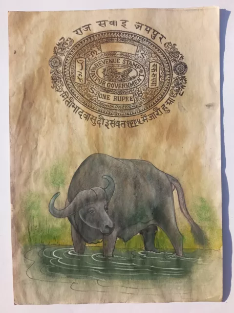 Indien Noir Bull Animal Peinture Fait à la Main Miniature Art Sur Stamp Papier