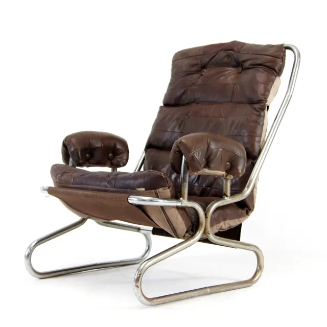 Retro Vintage Danish Metal & Leather Lounge Easy Chair Armchair 70s Mid Century