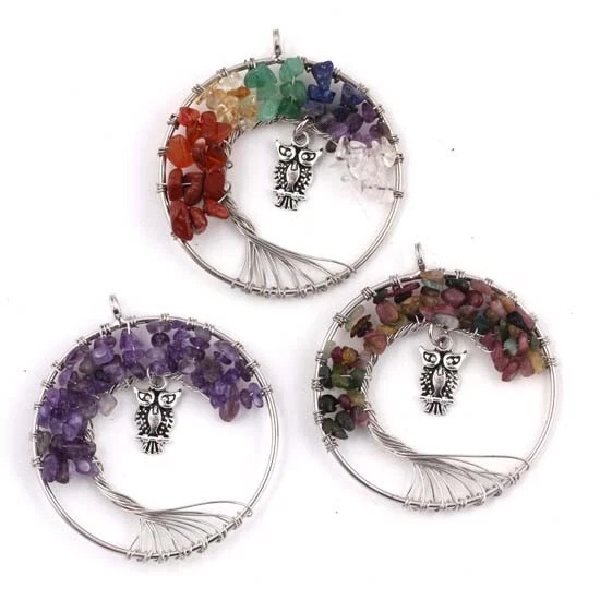 Natural Crystal Chip Gemstone Tree Of Life Dangle Owl Stone Pendant Necklace 3