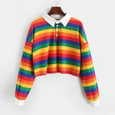 Lady Girls Rainbow Striped Pullover Crop Tops T Shirt Loose Harajuku Casual Chic
