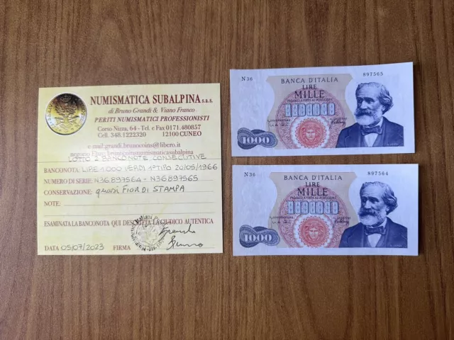 Republic Stock 2 Banknotes Consecutive Livres 1000 Verdi 1º Type 20 5 1966 Qfds