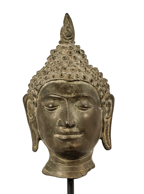 18th Century Antique Chiang Saen Mounted Buddha Head Statue - 30cm/12"