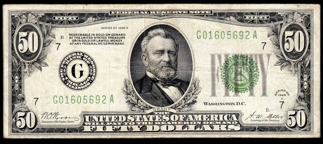 1928A Chicago $50 “Gold On Demand” Federal Reserve Note VF