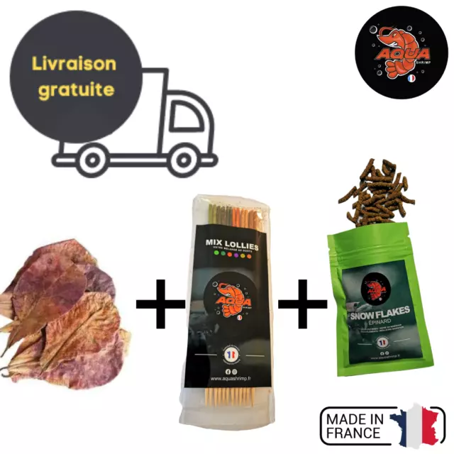 Pack crevettes (feuilles de catappa, snow flakes épinard et 12 lollies découvert