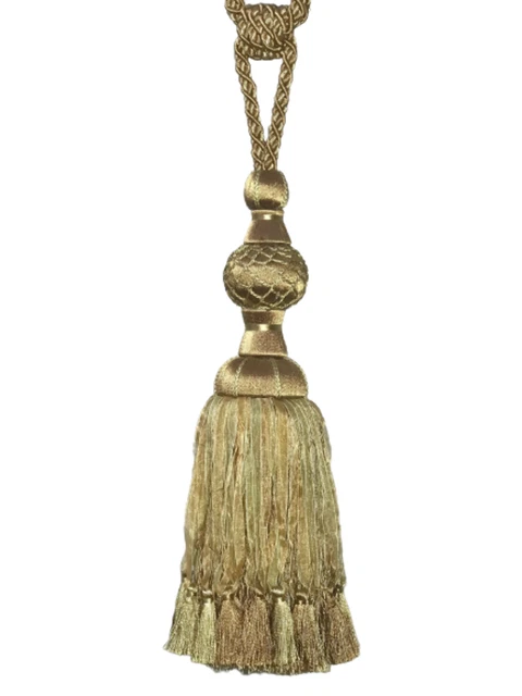Pair 2 pieces Curtain Tie Backs - 36cm Tassel with ribbons - Green / Gold