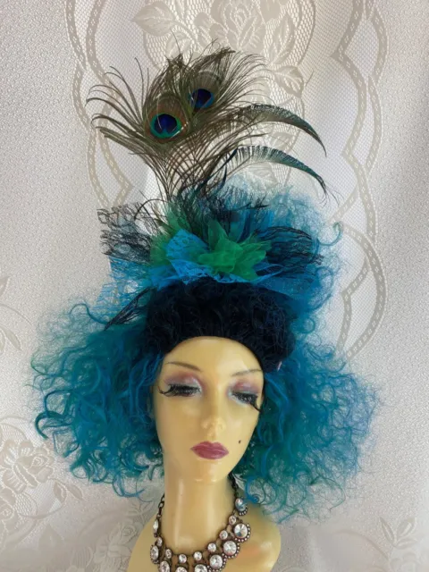 Teal, Green and Black Curly Show Wig with Ribbon and Peacock Feathers