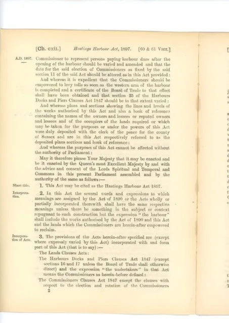 Antique Act of Parliament Hastings Harbour 1897 politics document 2