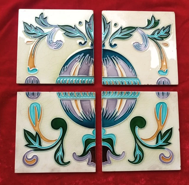 4 Piece Set Old Art Flower Design Embossed Majolica Ceramic Tiles Japan 0415 3