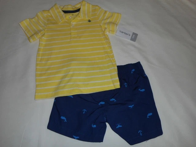 Carters 2-Piece Striped Polo And Whale Short Set -Baby Infant Boy Size 12 Months