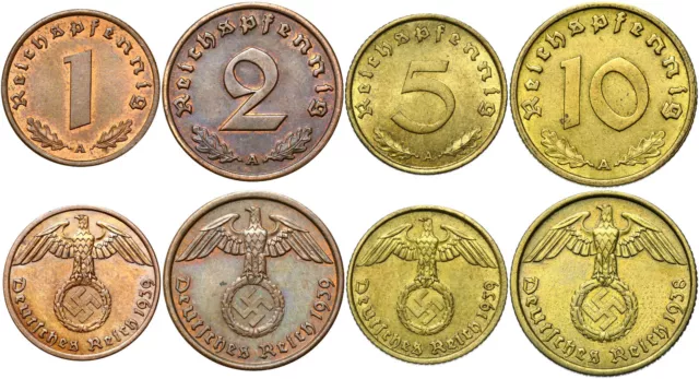 Nazi German Third Reich WW2 LOT of 4 Coins 1 2 5 10 Reichspfennig 1936-1940 SET