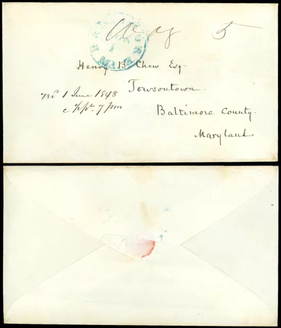 JUN 1 1848 Baltimore MD Receiver Cds, Ms. "Way 5" Pmk to HENRY B CHEW TOWSONTOWN