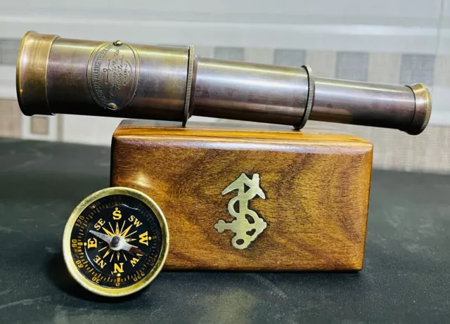 Box Wooden Brass Compass Telescope Antique Nautical Gift Marine Vintage Gift