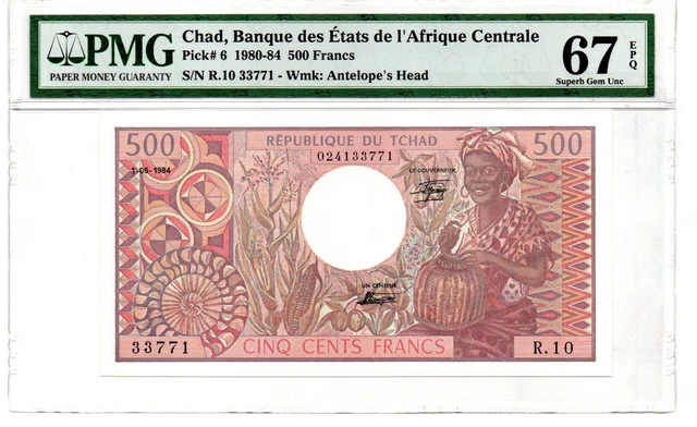 TCHAD - CHAD: Banknote - 500 Francs 1980-1984 P6 PMG67 EPQ £100.51 ...