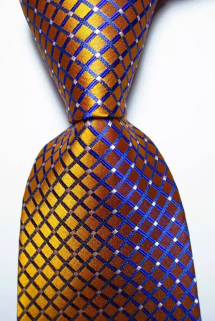 New Classic Checks Gold Blue White JACQUARD WOVEN 100% Silk Men's Tie Necktie