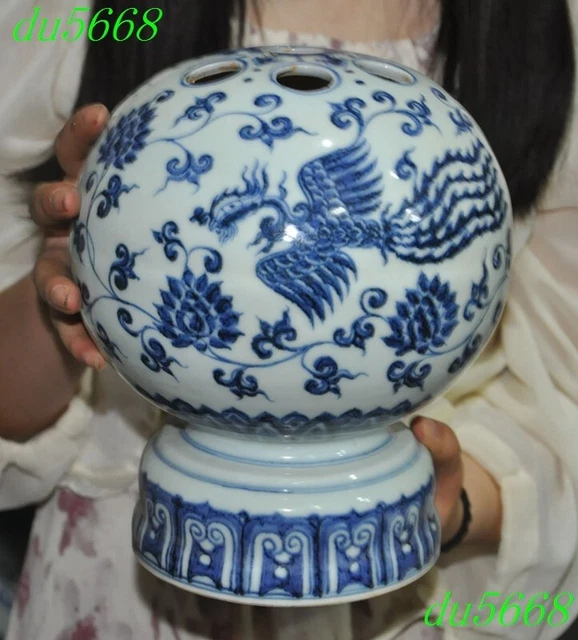 9.2"China Blue&white porcelain Flower pattern Phoenix bird Incense burner Censer