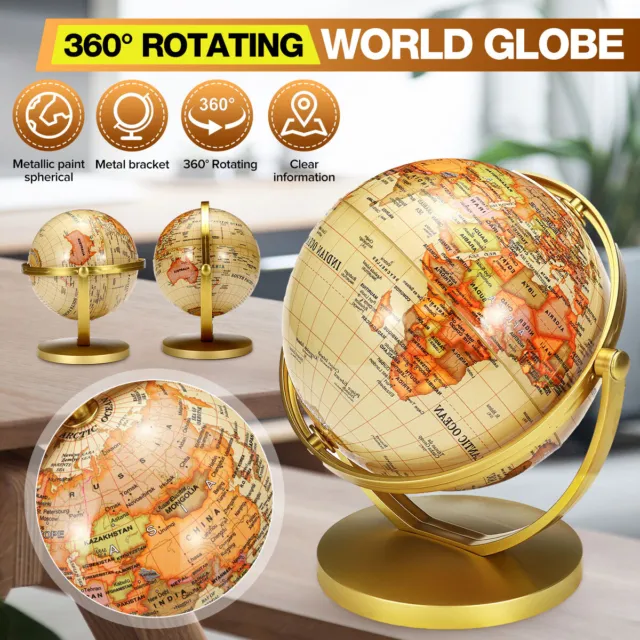 360° Rotating World Globe Swivel Stand Antique Map Earth Geography Educational