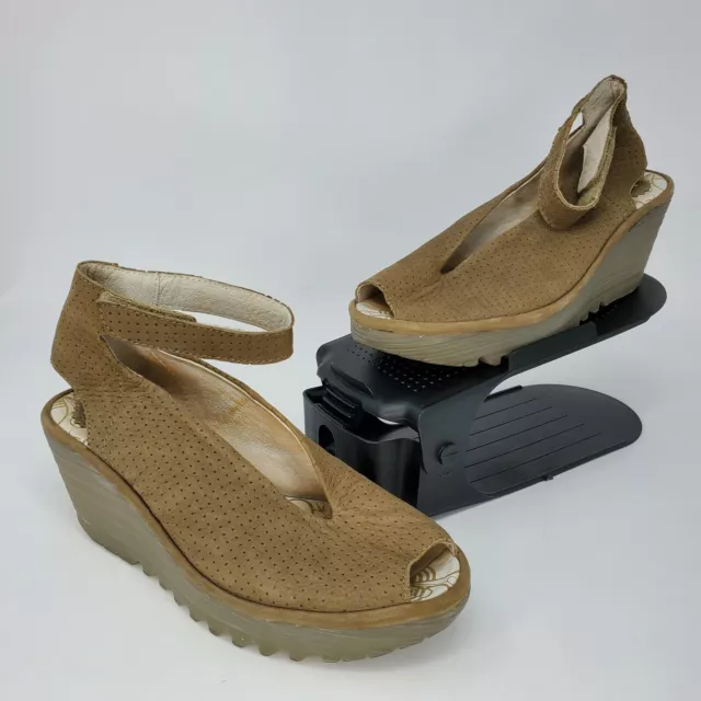 Fly London Womens Yala Wedge Sandals Peep Toe Leather Khaki Size EU 37 US 6-6.5