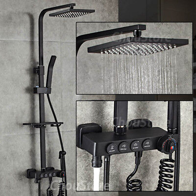 Square Matte Black Thermostatic Rain Shower Head Bath Mixer Faucet Tap Tub Set